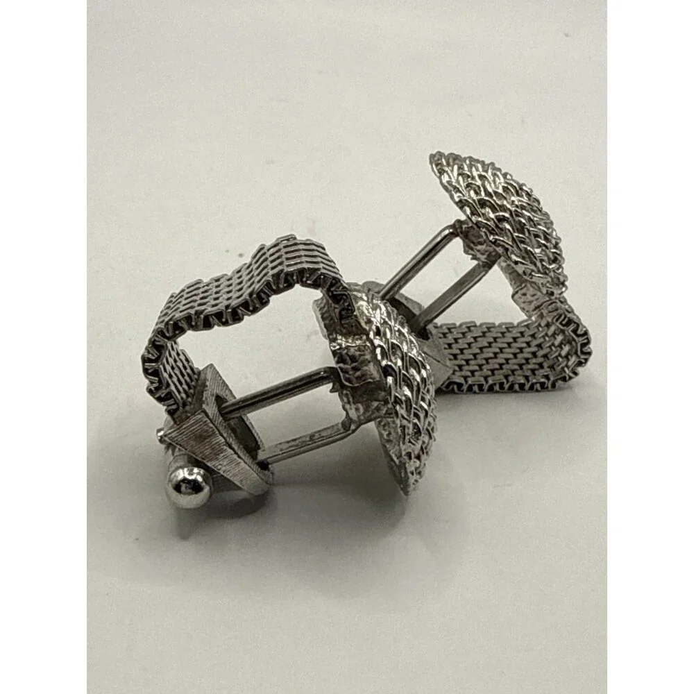 Vintage Silver-Tone Mesh Wraparound Cufflinks Mens Formal Accessories